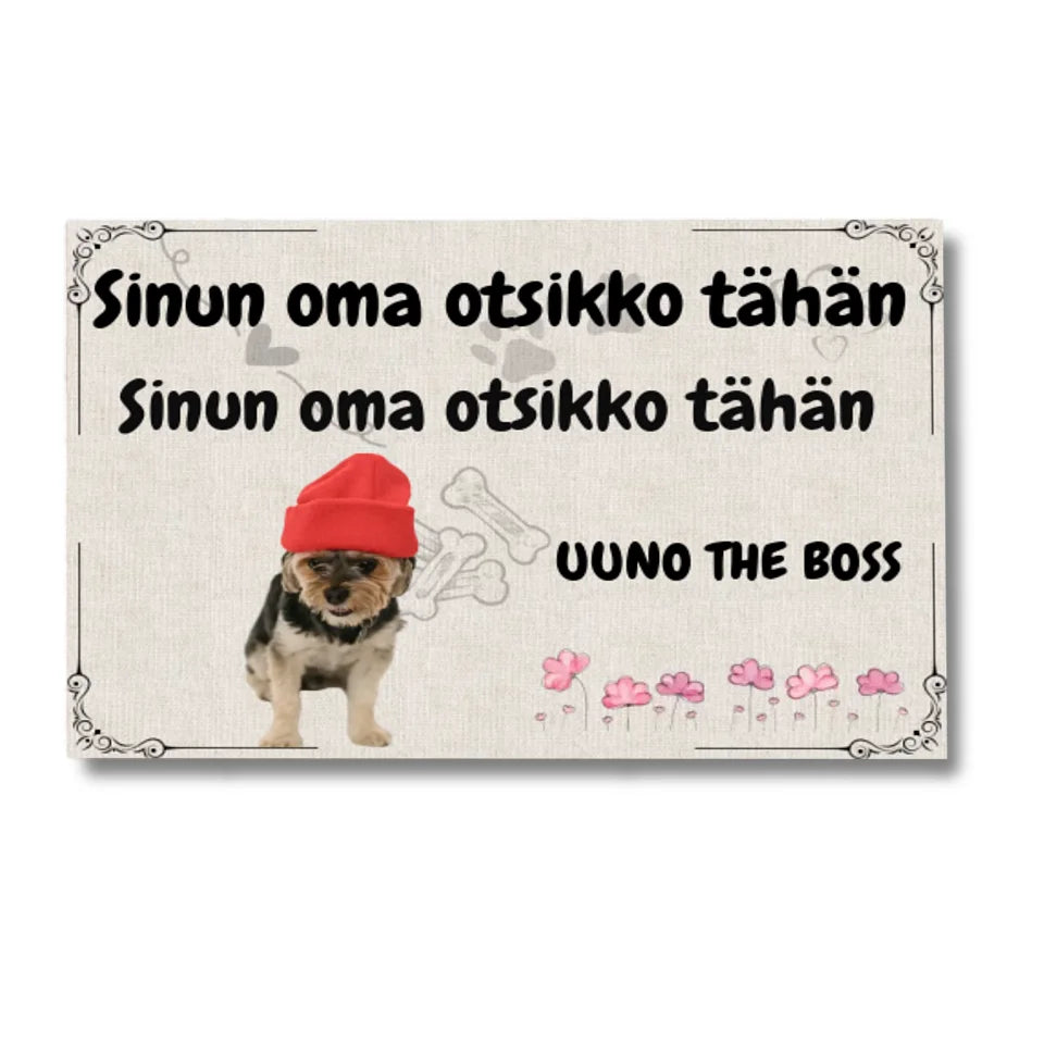 Kustomoitava ovimatto omien lemmikkien kuvilla ja nimillä - Oma otsikko (Vaalea)
